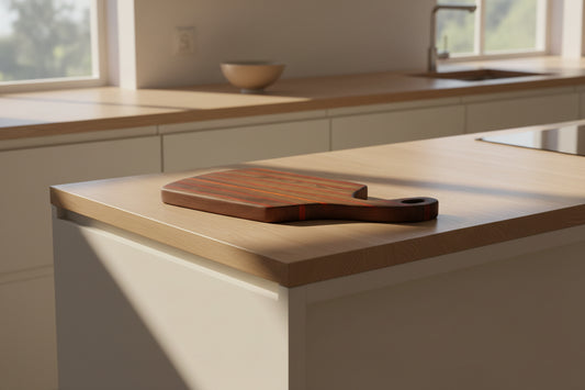 Handcrafted walnut and padauk paddle serving board showing rich wood grain detail