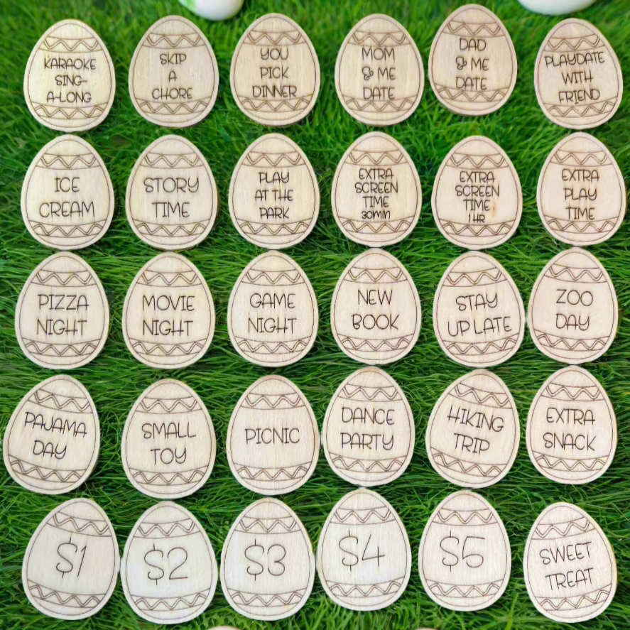 Easter Egg Tokens by Wet Nose Woodworks are laser-engraved wood pieces with rewards like “Karaoke Sing-Along,” “Pizza Night,” and dollar amounts—ideal for Easter egg hunts or as charming keepsakes.