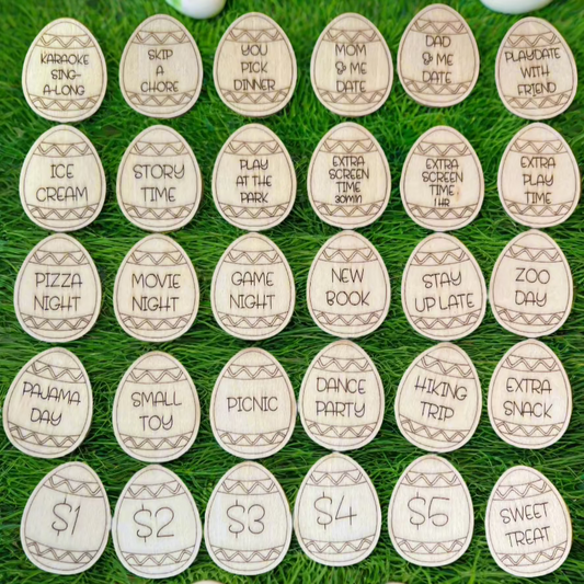 Easter Egg Tokens by Wet Nose Woodworks are laser-engraved wood pieces with rewards like “Karaoke Sing-Along,” “Pizza Night,” and dollar amounts—ideal for Easter egg hunts or as charming keepsakes.
