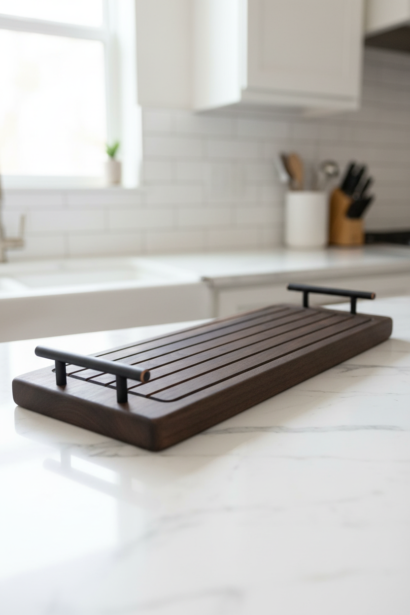 Wooden cutting board with black handles on a concrete surface