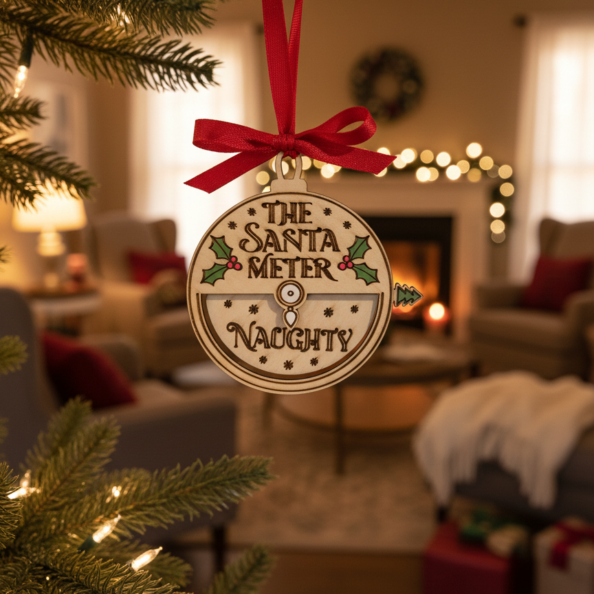 Decorative ornament with 'The Santa Meter Naughty' text on a brick wall background