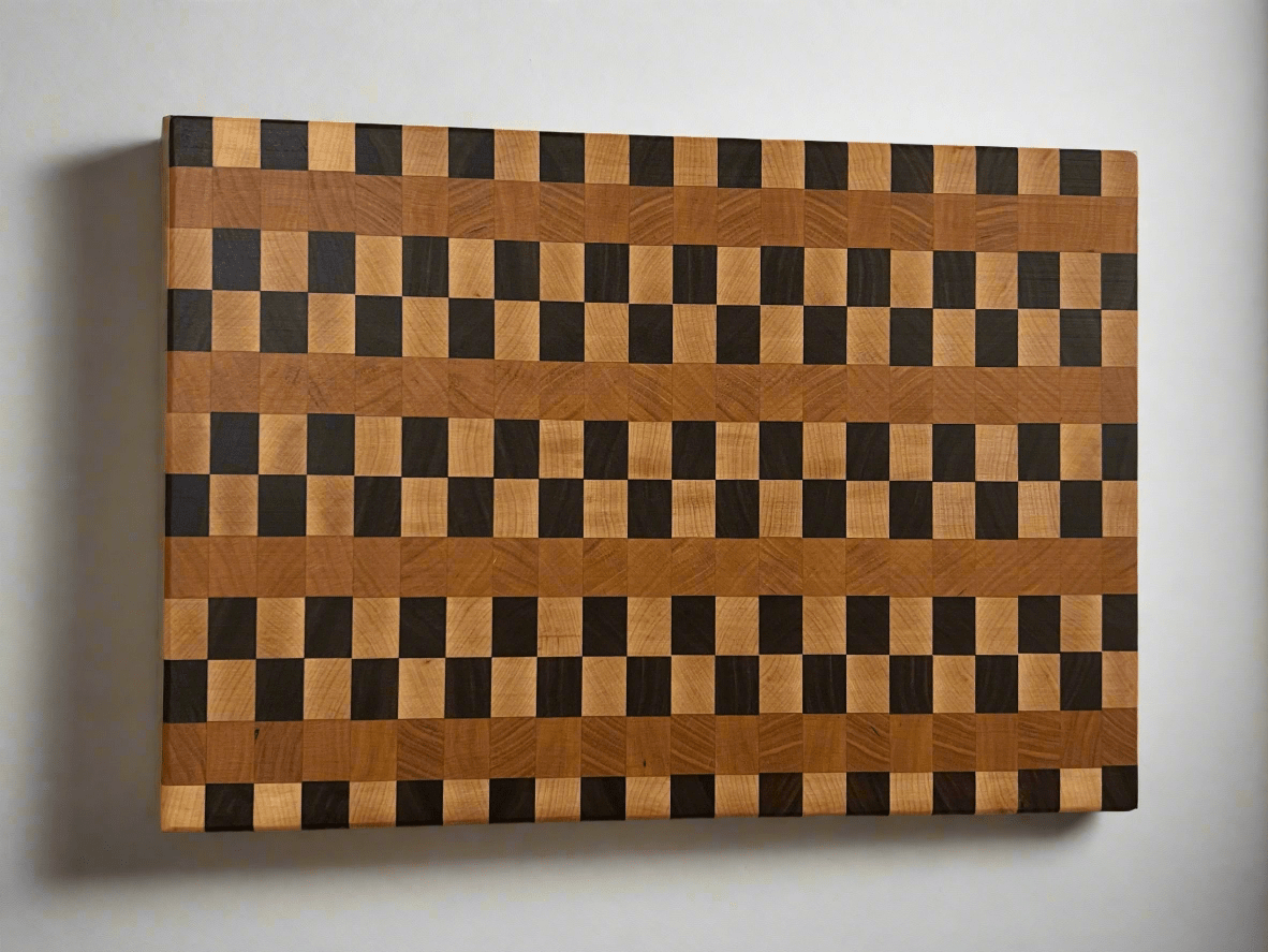 Handcrafted checkered pattern artisan cutting board close-up detail