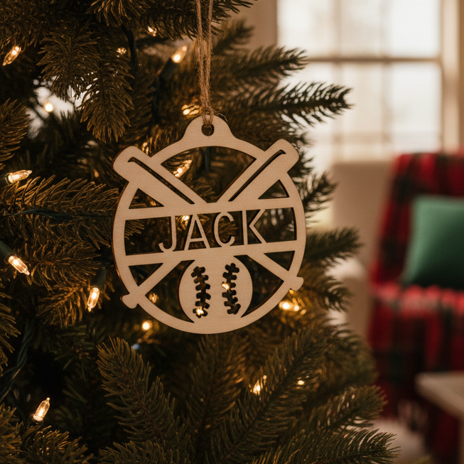 Decorative ornament with 'JACK' on a Christmas tree in a cozy living room.