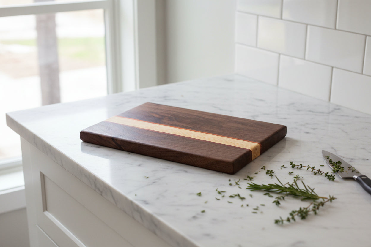 Handcrafted walnut cutting board with cherry center stripe and padauk accent stripes - Artisan Board #28