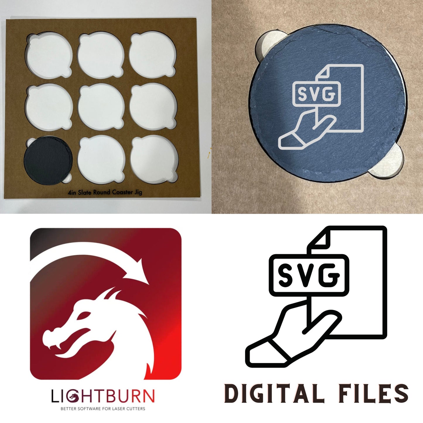 4 inch Round Black Slate Coaster Laser Engraving alignment Jig Template Holder SVG includes Lightburn files used on xTool and other lasers