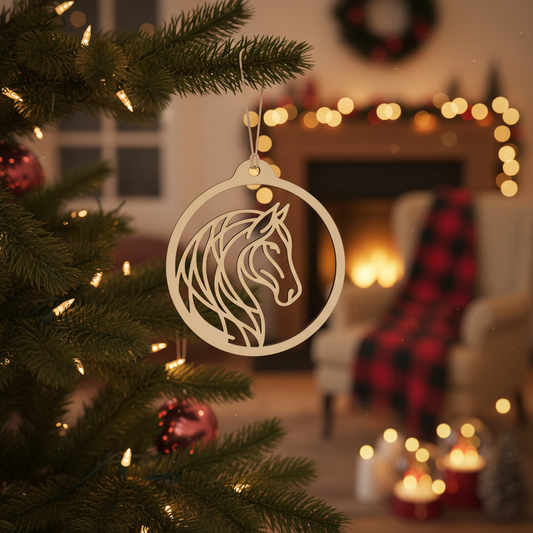 Wooden pendant with horse head design on a wooden surface
