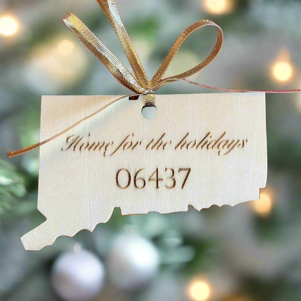 Wooden Home for the Holidays ornament with ZIP code, handmade in Guilford CT