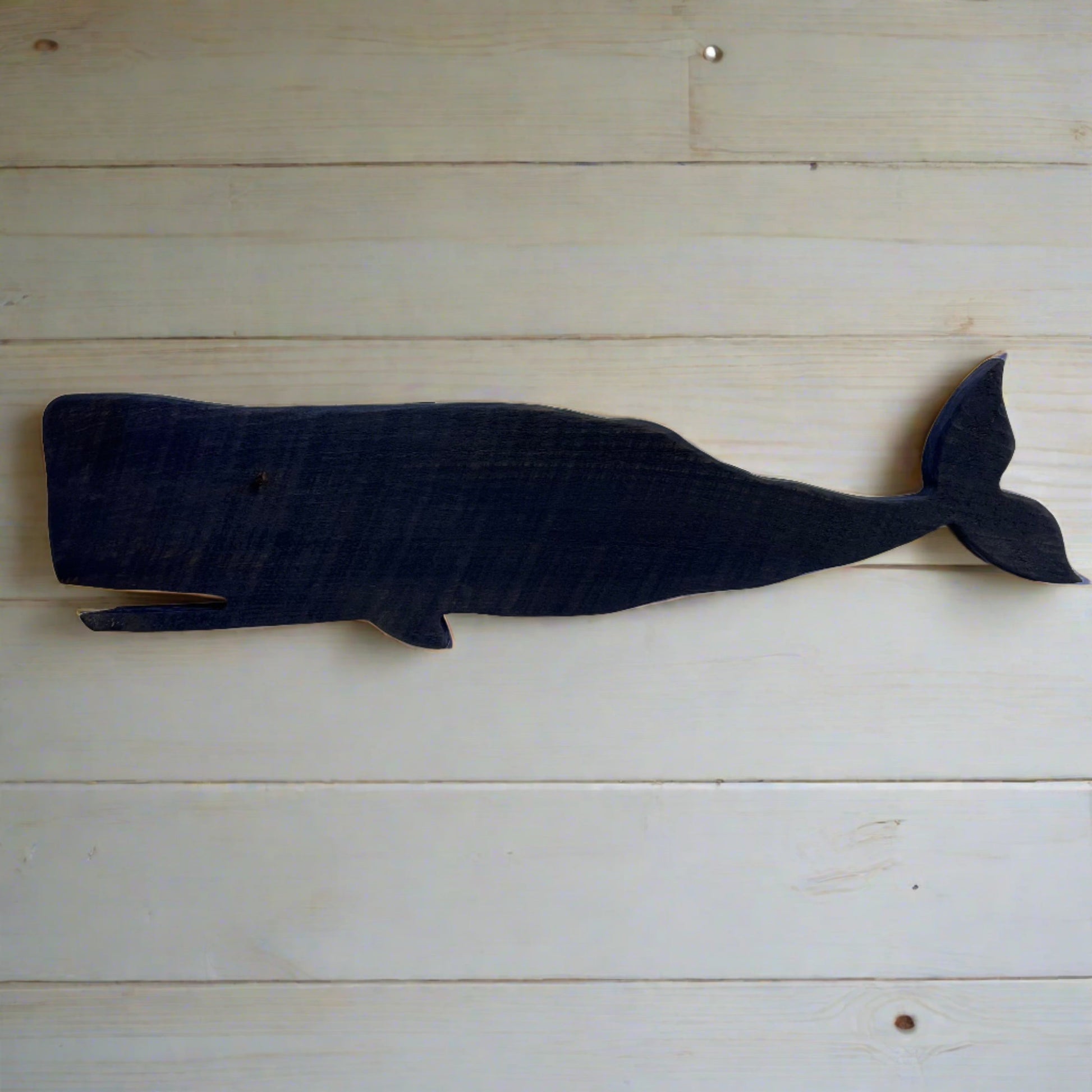Handcrafted wooden whale wall art made from reclaimed wood