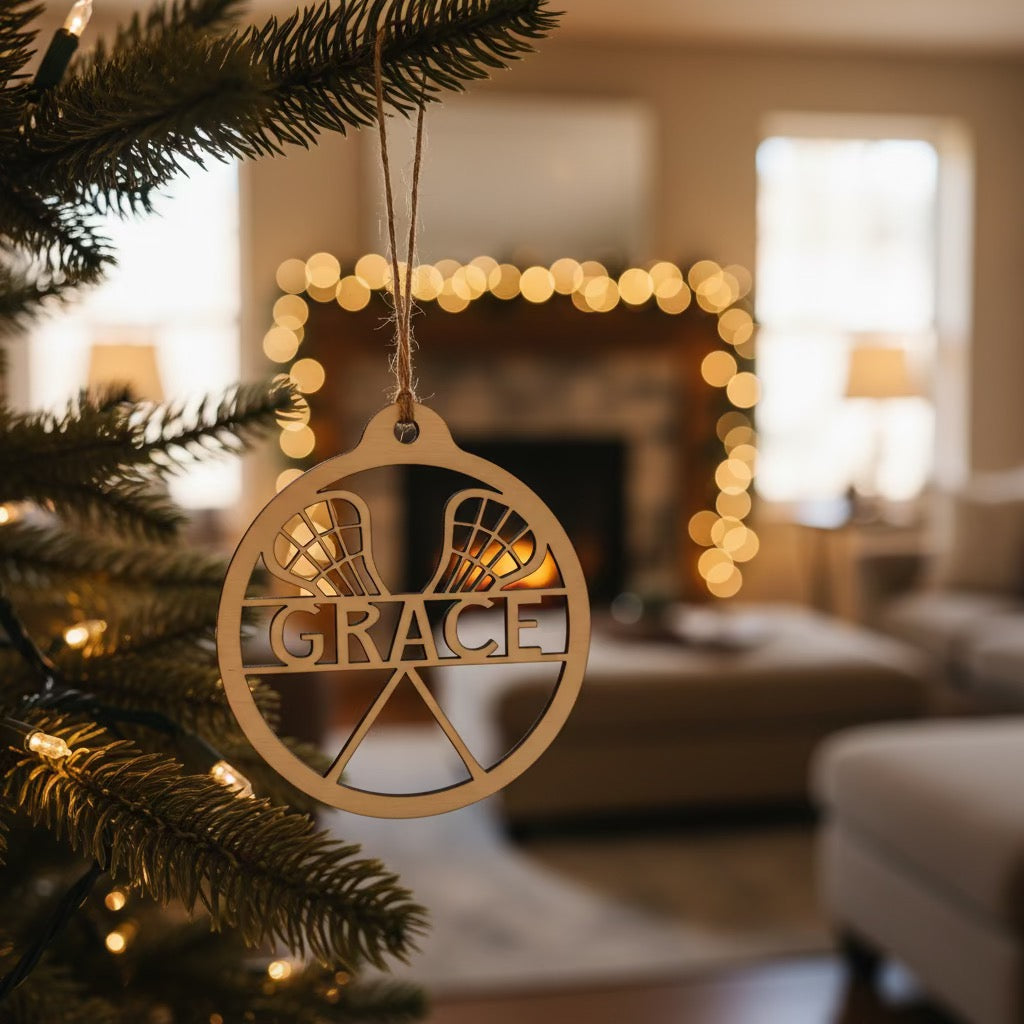 Personalized Wooden Lacrosse Ornament – Custom Name Gift