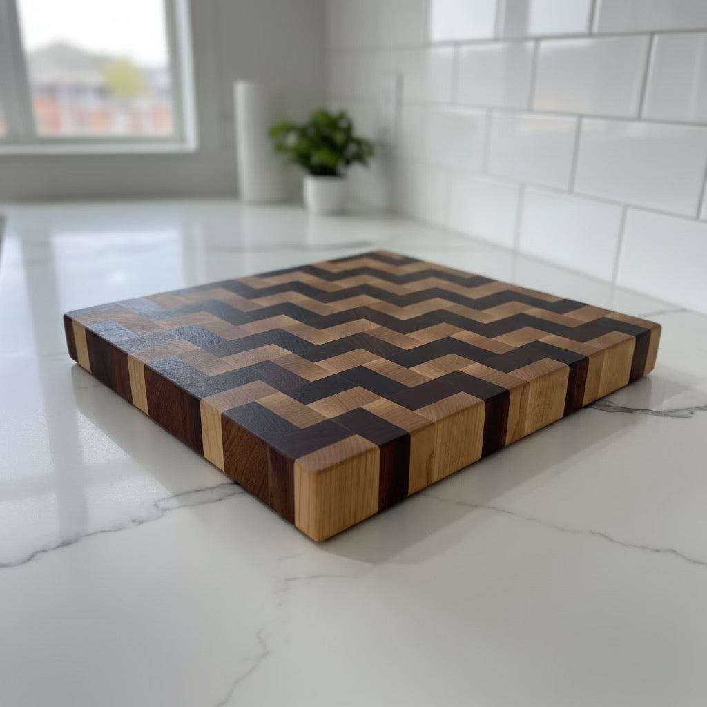 Close-up of chevron end-grain pattern on handmade sapele and maple cutting board