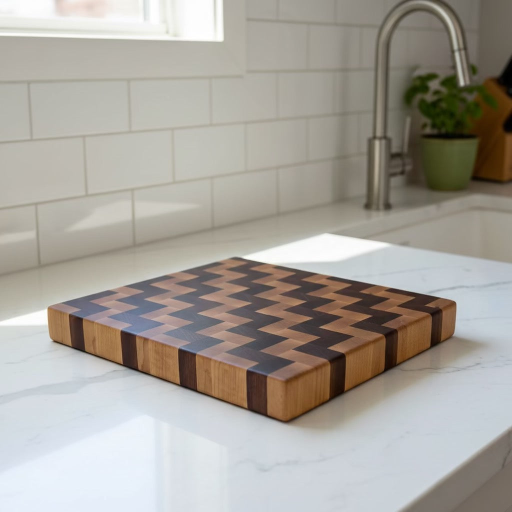 End-grain chevron cutting board in sapele and maple, handcrafted by Wet Nose Woodworks