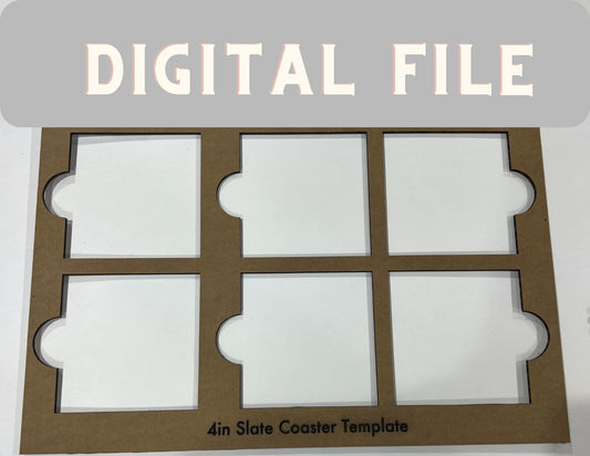 The 4 inch Square Black Slate Coaster Laser Engraving Alignment Jig Template Holder by Wet Nose Woodworks features six square cutouts for perfect coaster alignment. Includes SVG and Lightburn files for xTool and other laser cutters.