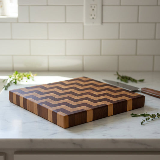 Handcrafted maple and sapele end-grain chevron cutting board on a kitchen counter