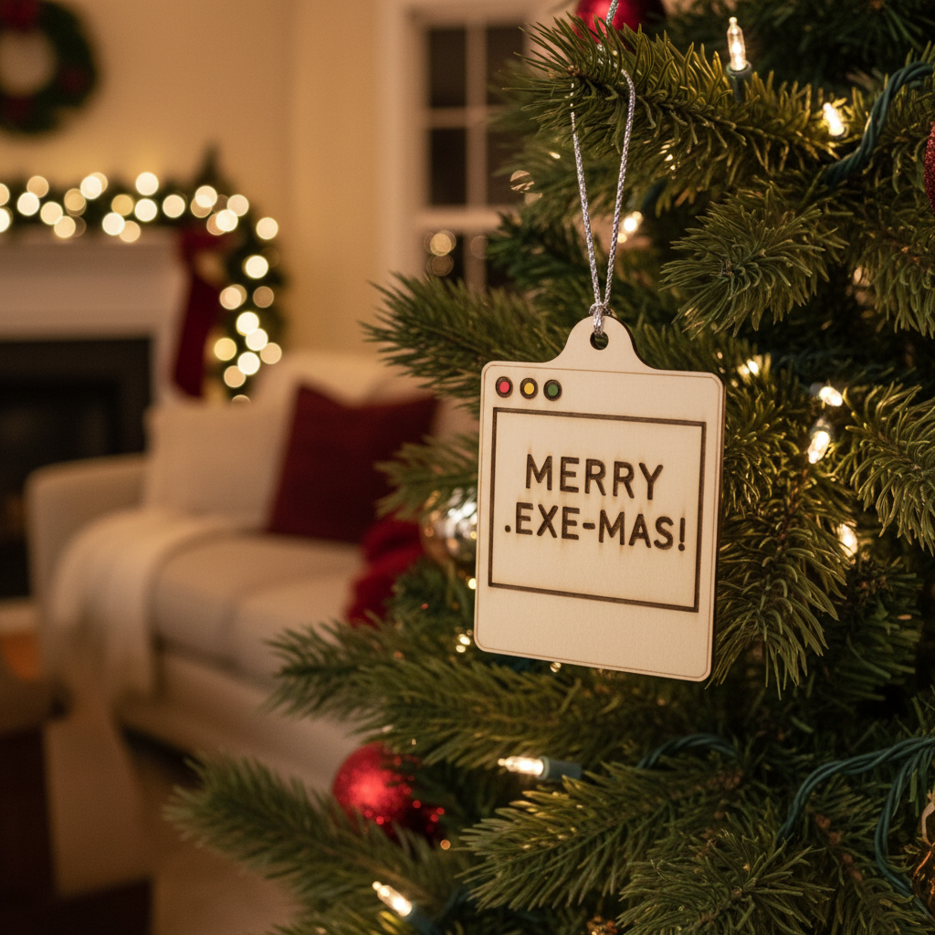 Decorative tag with 'Merry EXE-MAS!' text on a wooden surface