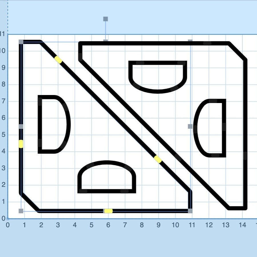 A grid with bold black lines forms mirrored shapes split by a diagonal; each has semicircles and small yellow rectangles resembling the Wet Nose Woodworks 90 Degree Corner Clamp & CNC Corner Fence, for machines like Onefinity, xCarve, Shapeoko, and more.