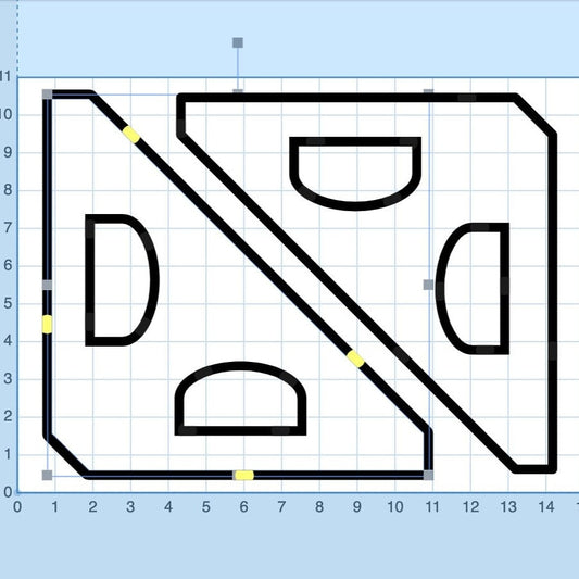 A grid with bold black lines forms mirrored shapes split by a diagonal; each has semicircles and small yellow rectangles resembling the Wet Nose Woodworks 90 Degree Corner Clamp & CNC Corner Fence, for machines like Onefinity, xCarve, Shapeoko, and more.