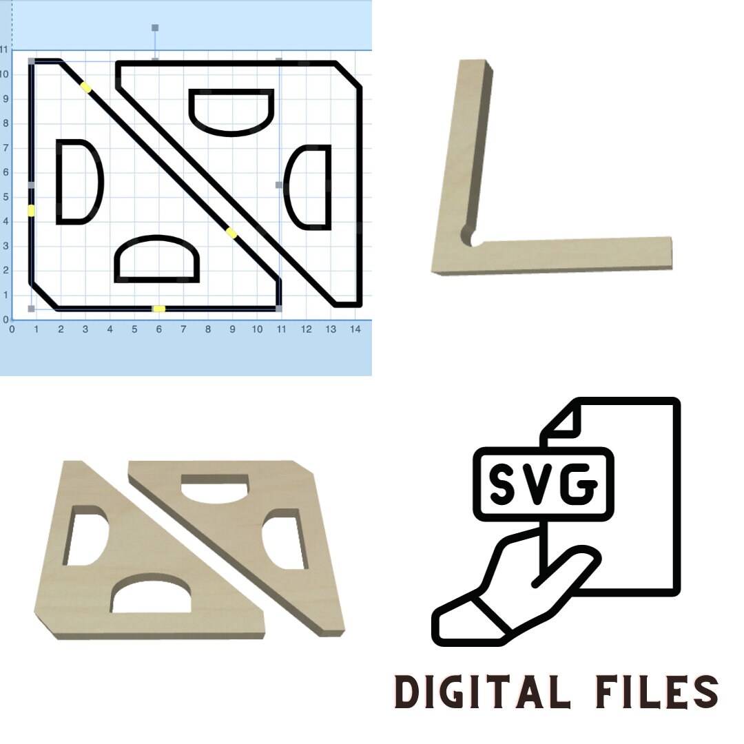 A grid with bold black lines forms mirrored shapes split by a diagonal; each has semicircles and small yellow rectangles resembling the Wet Nose Woodworks 90 Degree Corner Clamp & CNC Corner Fence, for machines like Onefinity, xCarve, Shapeoko, and more.