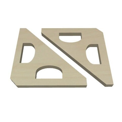 A grid with bold black lines forms mirrored shapes split by a diagonal; each has semicircles and small yellow rectangles resembling the Wet Nose Woodworks 90 Degree Corner Clamp & CNC Corner Fence, for machines like Onefinity, xCarve, Shapeoko, and more.
