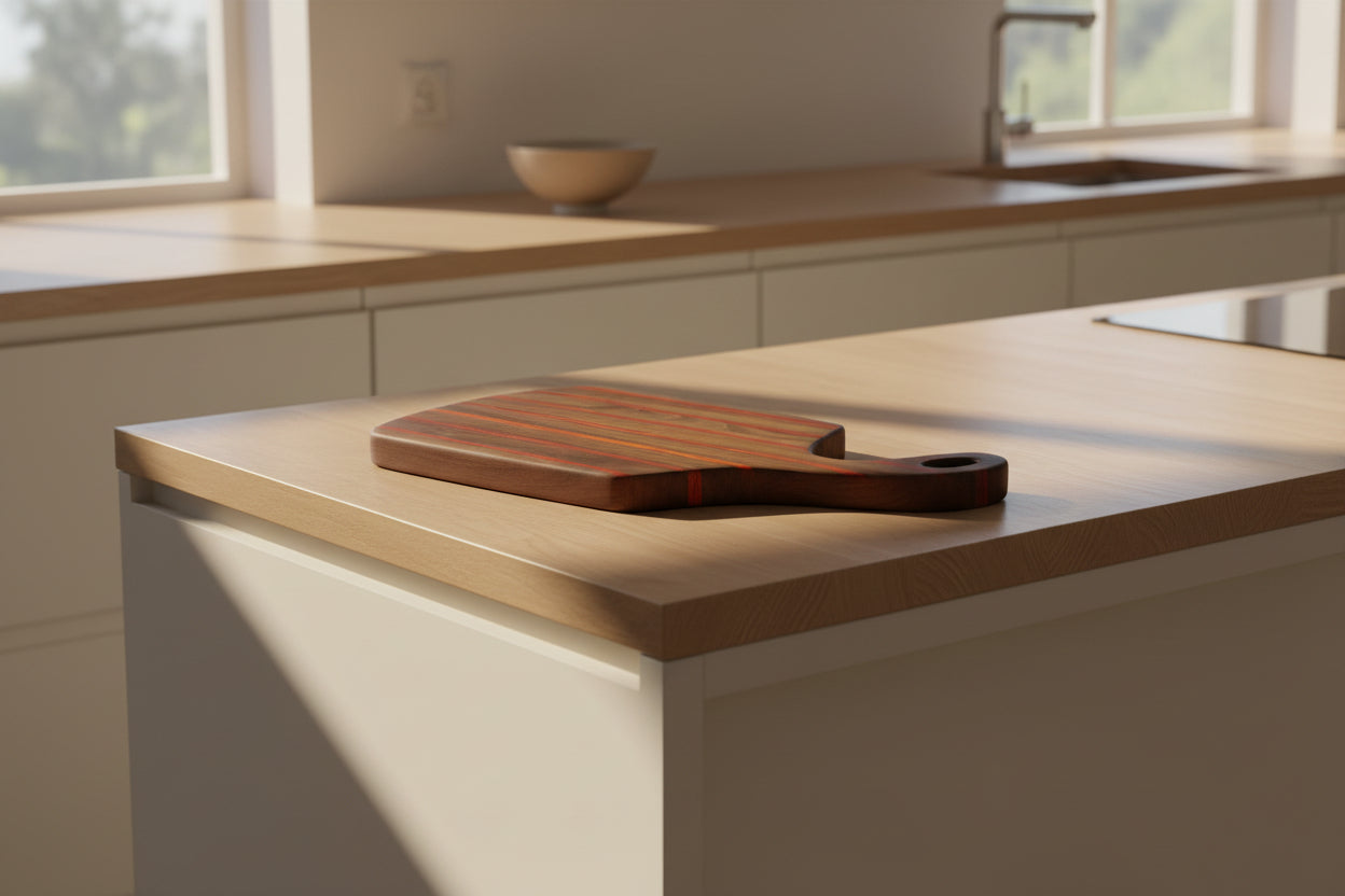 Handcrafted walnut and padauk paddle serving board showing rich wood grain detail
