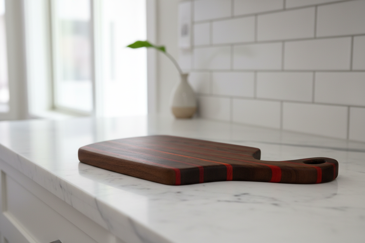 Walnut and padauk paddle board with loop handle on a white background