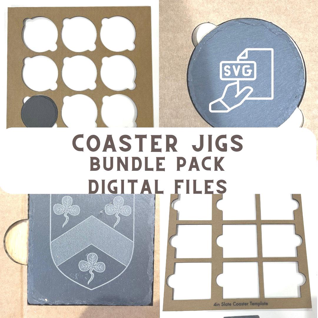 A collage displays circular and square 4-inch black slate coaster jigs by Wet Nose Woodworks, featuring SVG files for laser engraving, with “Black Slate Coasters Alignment Jig Bundle Pack Digital Files” across the center.