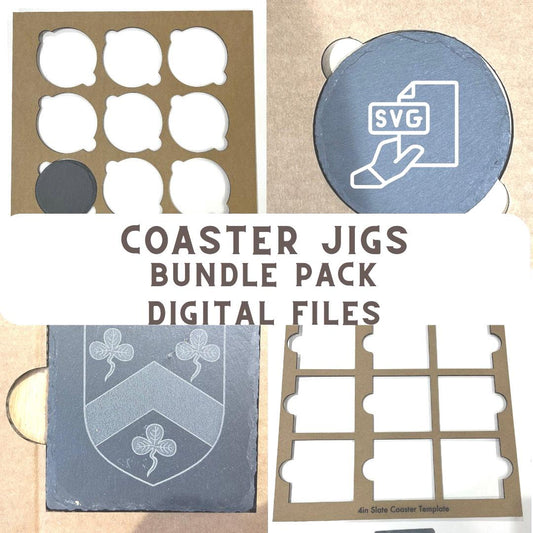 A collage displays circular and square 4-inch black slate coaster jigs by Wet Nose Woodworks, featuring SVG files for laser engraving, with “Black Slate Coasters Alignment Jig Bundle Pack Digital Files” across the center.