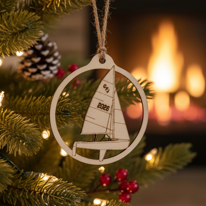 A wooden laser-cut Christmas ornament shaped like a sailboat inside a circle, hanging on a decorated Christmas tree with warm lights and a blurred fireplace in the background.