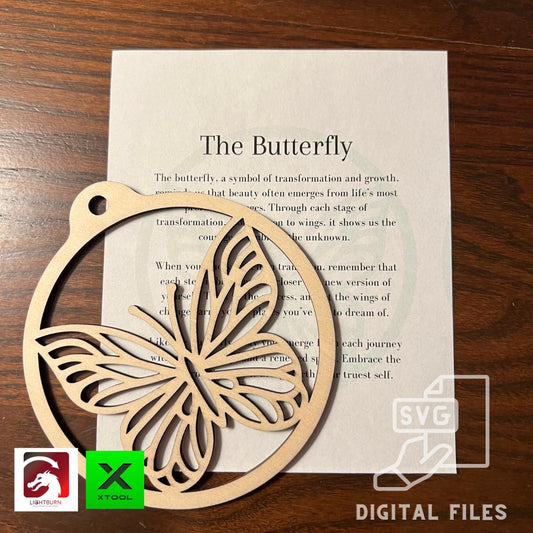 The Digital Butterfly Ornament & Inspirational Card Files by Wet Nose Woodworks includes PDF, SVG, LightBurn, and XCS laser cut templates—a perfect DIY craft or car charm gift. Compatible with xTool and Glowforge. Features a transformation-themed card.