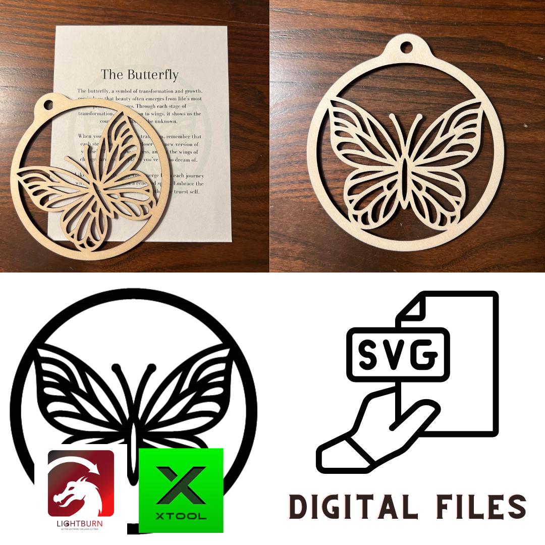 The Digital Butterfly Ornament & Inspirational Card Files by Wet Nose Woodworks includes PDF, SVG, LightBurn, and XCS laser cut templates—a perfect DIY craft or car charm gift. Compatible with xTool and Glowforge. Features a transformation-themed card.