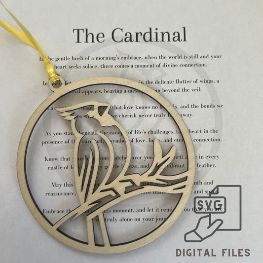 The Wet Nose Woodworks Digital Cardinal Ornament & Inspirational Card Files includes a cardinal ornament, The Cardinal poem card, and SVG logo—all in PDF, SVG, and Lightburn formats for DIY crafting with xTool.
