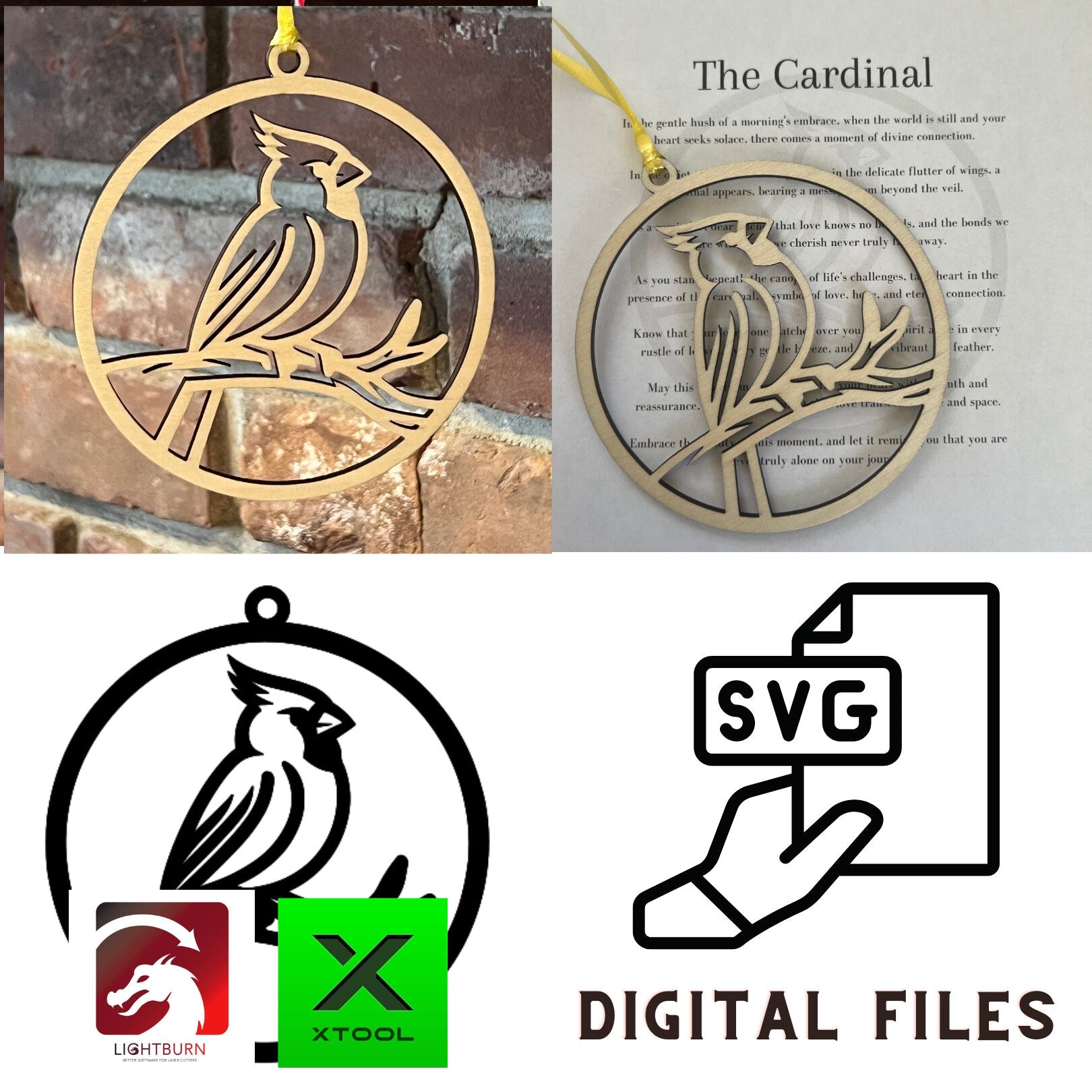 The Wet Nose Woodworks Digital Cardinal Ornament & Inspirational Card Files includes a cardinal ornament, The Cardinal poem card, and SVG logo—all in PDF, SVG, and Lightburn formats for DIY crafting with xTool.