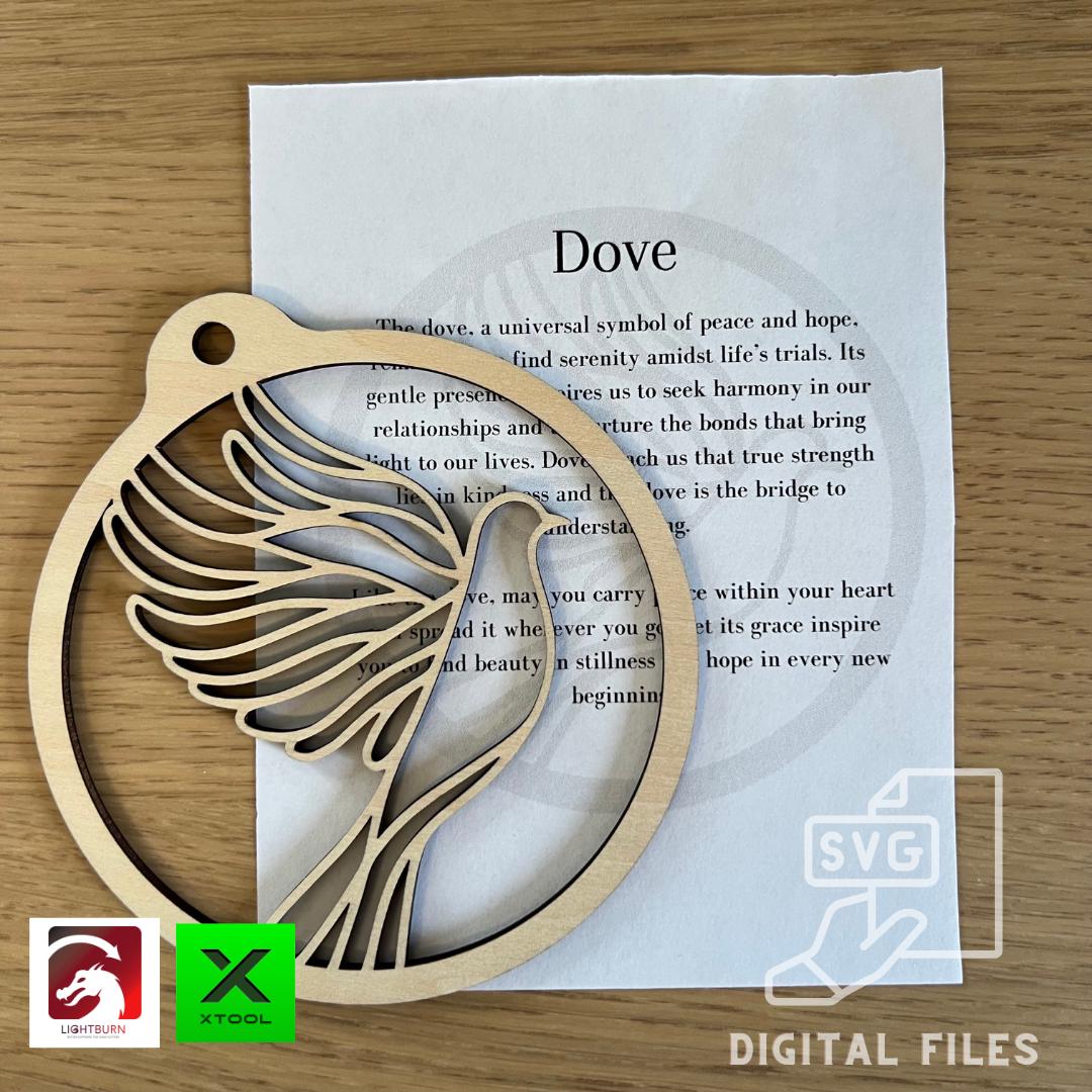 A Digital Dove Ornament & Inspirational Card by Wet Nose Woodworks, symbolizing peace and hope, is shown on a printed sheet. SVG and PDF icons highlight this laser cut template digital download for DIY crafts, weddings, or memorials.