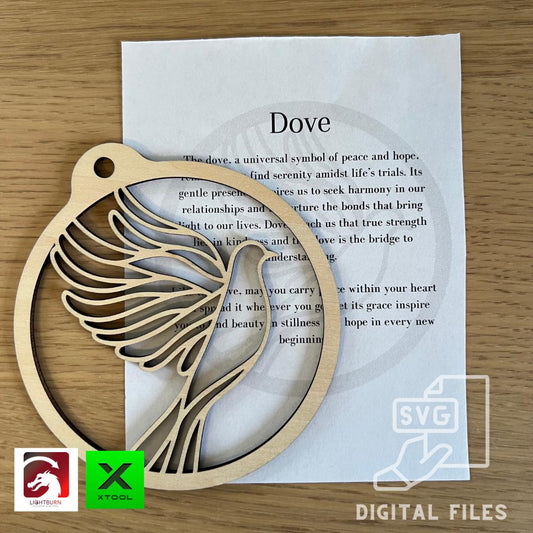 A Digital Dove Ornament & Inspirational Card by Wet Nose Woodworks, symbolizing peace and hope, is shown on a printed sheet. SVG and PDF icons highlight this laser cut template digital download for DIY crafts, weddings, or memorials.