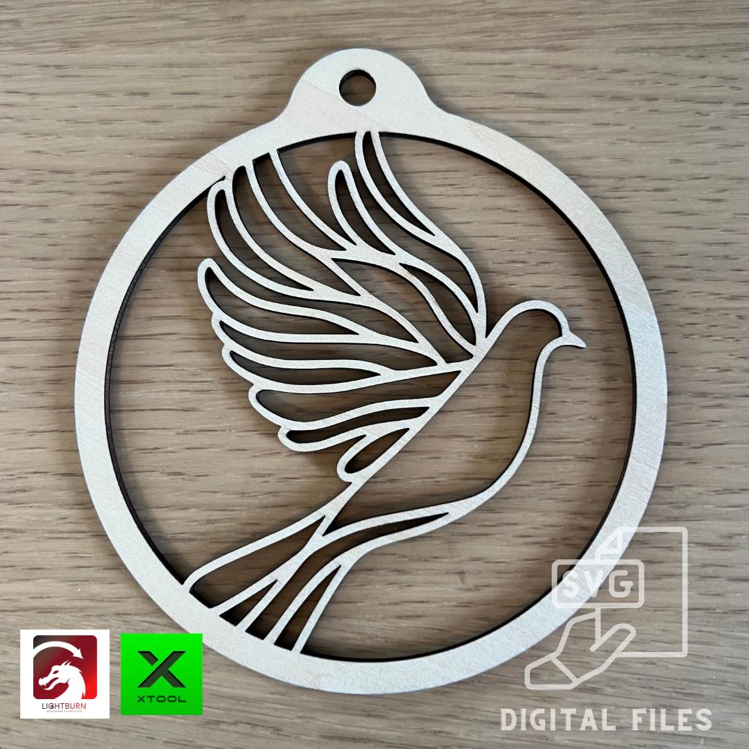 A Digital Dove Ornament & Inspirational Card by Wet Nose Woodworks, symbolizing peace and hope, is shown on a printed sheet. SVG and PDF icons highlight this laser cut template digital download for DIY crafts, weddings, or memorials.