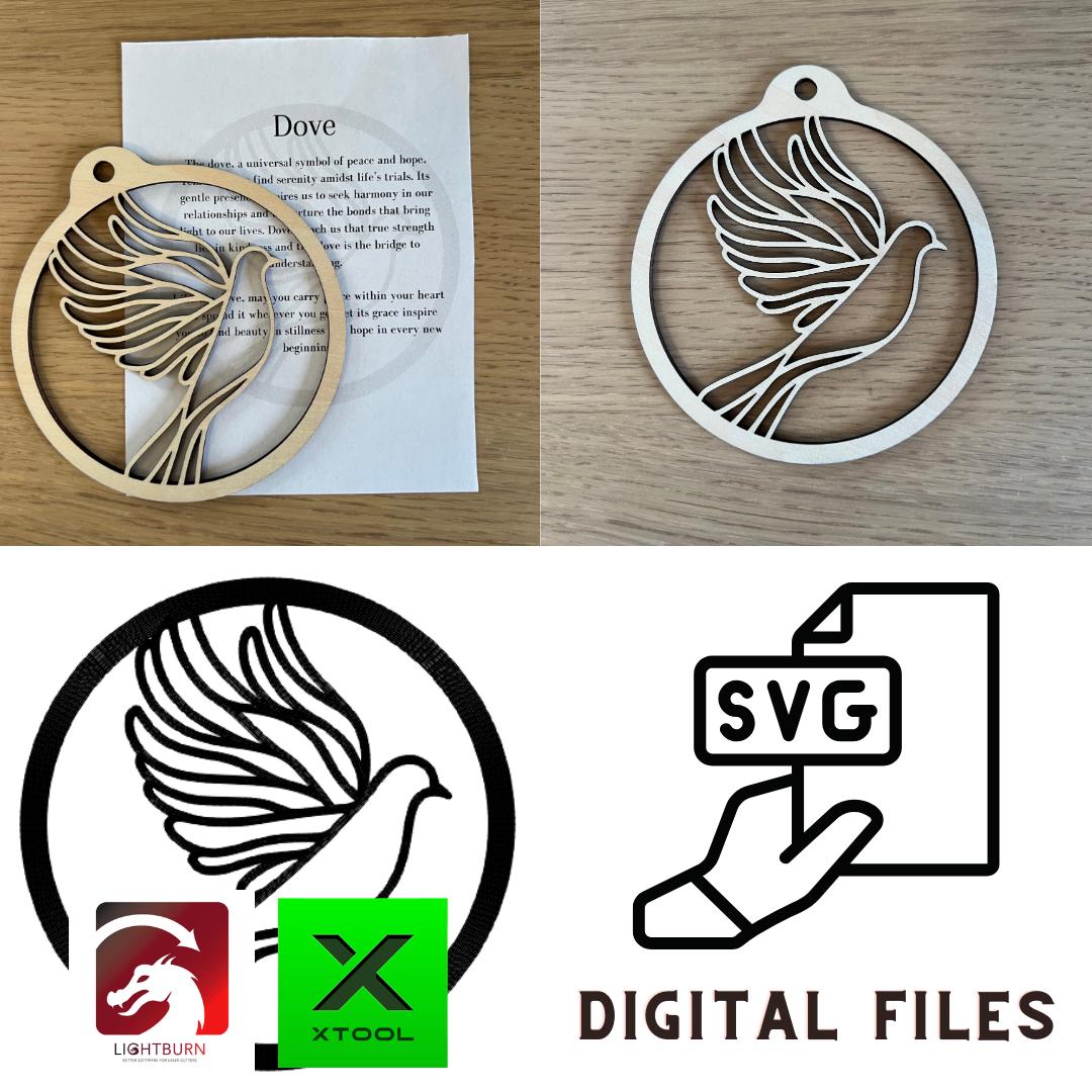 A Digital Dove Ornament & Inspirational Card by Wet Nose Woodworks, symbolizing peace and hope, is shown on a printed sheet. SVG and PDF icons highlight this laser cut template digital download for DIY crafts, weddings, or memorials.