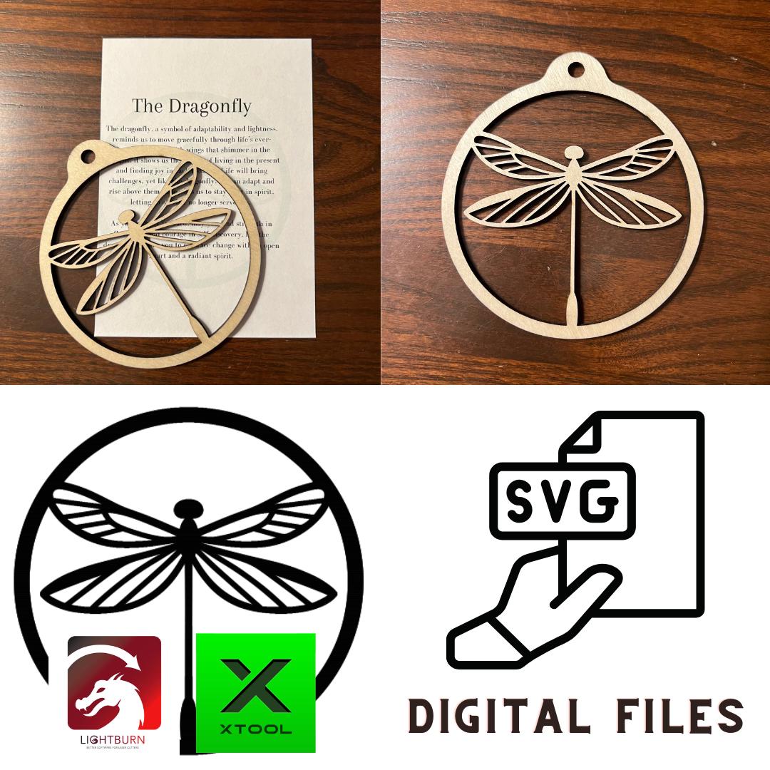 A Digital Dragonfly Ornament & Inspirational Card file by Wet Nose Woodworks rests on a printed card titled The Dragonfly. SVG and laser-cutting file logos show its perfect for DIY crafters using Glowforge, xTool, or other laser cutters.