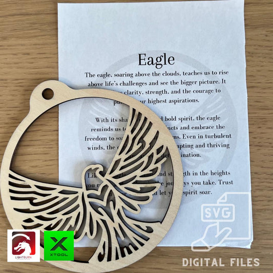 A Digital Eagle Ornament & Inspirational Card from Wet Nose Woodworks, made with PDF, SVG, and LightBurn laser cut files for xTool, sits on a table as a DIY bird freedom symbol gift.