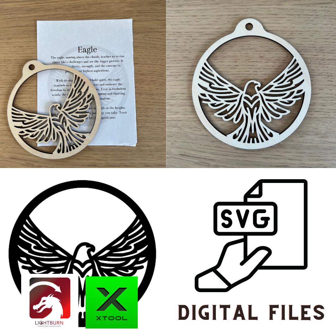 A Digital Eagle Ornament & Inspirational Card from Wet Nose Woodworks, made with PDF, SVG, and LightBurn laser cut files for xTool, sits on a table as a DIY bird freedom symbol gift.