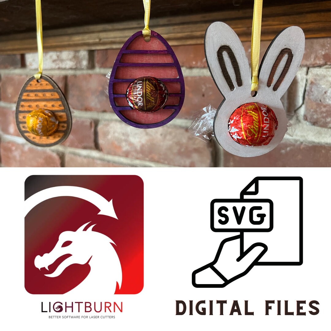 The Wet Nose Woodworks Digital Easter Lindt Holder Ornament features bunny and egg designs—SVG, PNG, PDF files for laser cutting—perfect DIY inspiration for crafters making Easter ornaments with Lindt chocolates.
