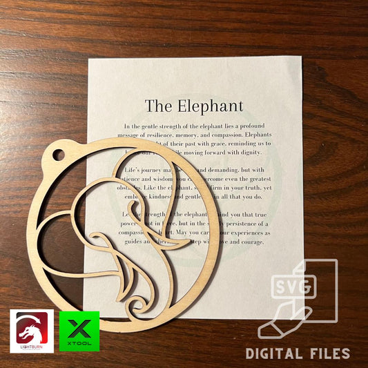 The Wet Nose Woodworks Digital Elephant Ornament & Inspirational Card Files include PDF, SVG, LightBurn, and XCS laser cut templates—perfect for crafters using Glowforge or xTool. Ideal for DIY gifts and elephant lovers.