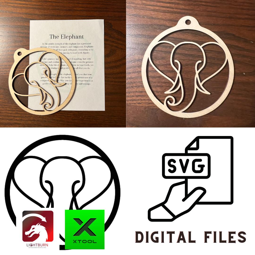 The Wet Nose Woodworks Digital Elephant Ornament & Inspirational Card Files include PDF, SVG, LightBurn, and XCS laser cut templates—perfect for crafters using Glowforge or xTool. Ideal for DIY gifts and elephant lovers.