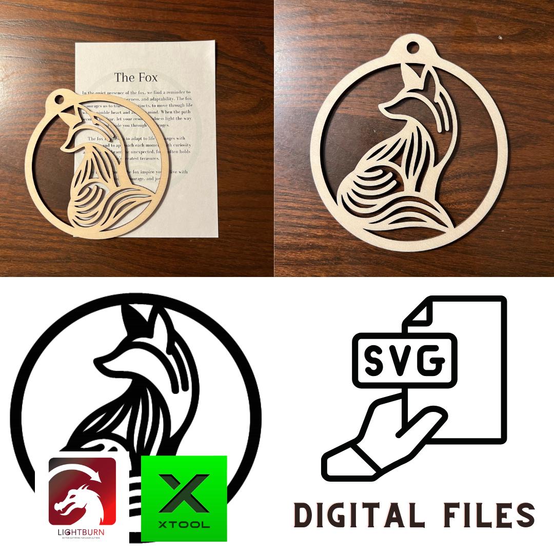 A Digital Fox Ornament & Inspirational Card Files by Wet Nose Woodworks, ideal for DIY crafting, is shown atop a printed poem. Logos for LightBurn, xTool, and digital files appear in the corners. Includes PDF, SVG, XCS and more.