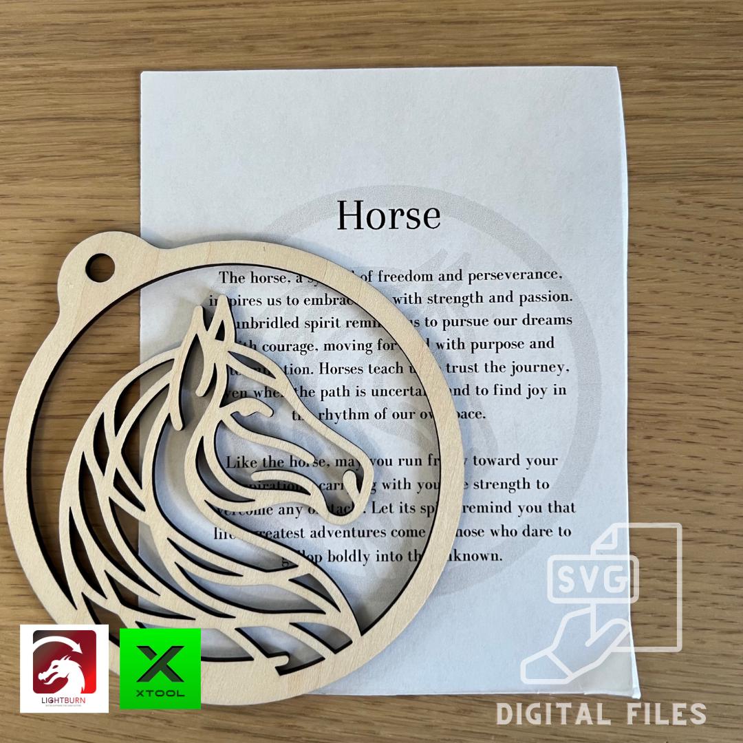 A Digital Horse head Silhouette Ornament from Wet Nose Woodworks rests on a minimalist & inspirational card. At the bottom, PDF, SVG, and Lightburn software icons highlight this DIY laser cut template gift for xTool.