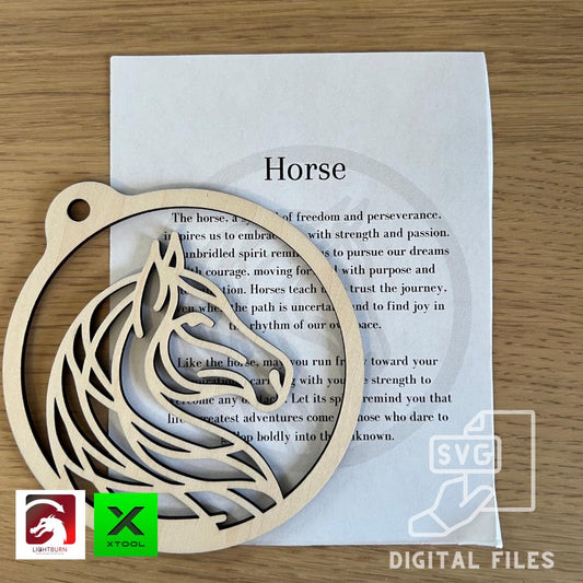 A Digital Horse head Silhouette Ornament from Wet Nose Woodworks rests on a minimalist & inspirational card. At the bottom, PDF, SVG, and Lightburn software icons highlight this DIY laser cut template gift for xTool.
