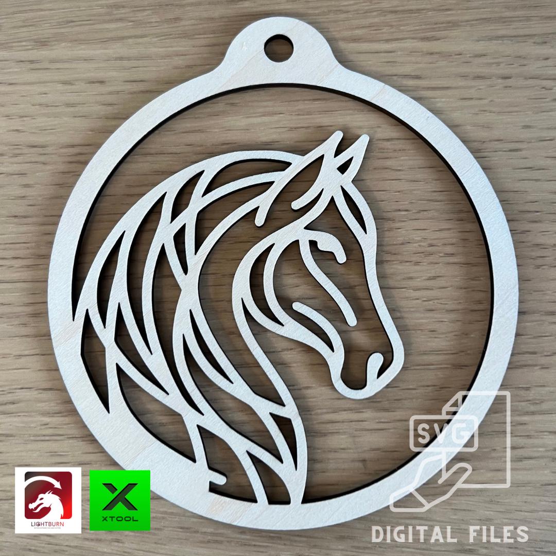 A Digital Horse head Silhouette Ornament from Wet Nose Woodworks rests on a minimalist & inspirational card. At the bottom, PDF, SVG, and Lightburn software icons highlight this DIY laser cut template gift for xTool.