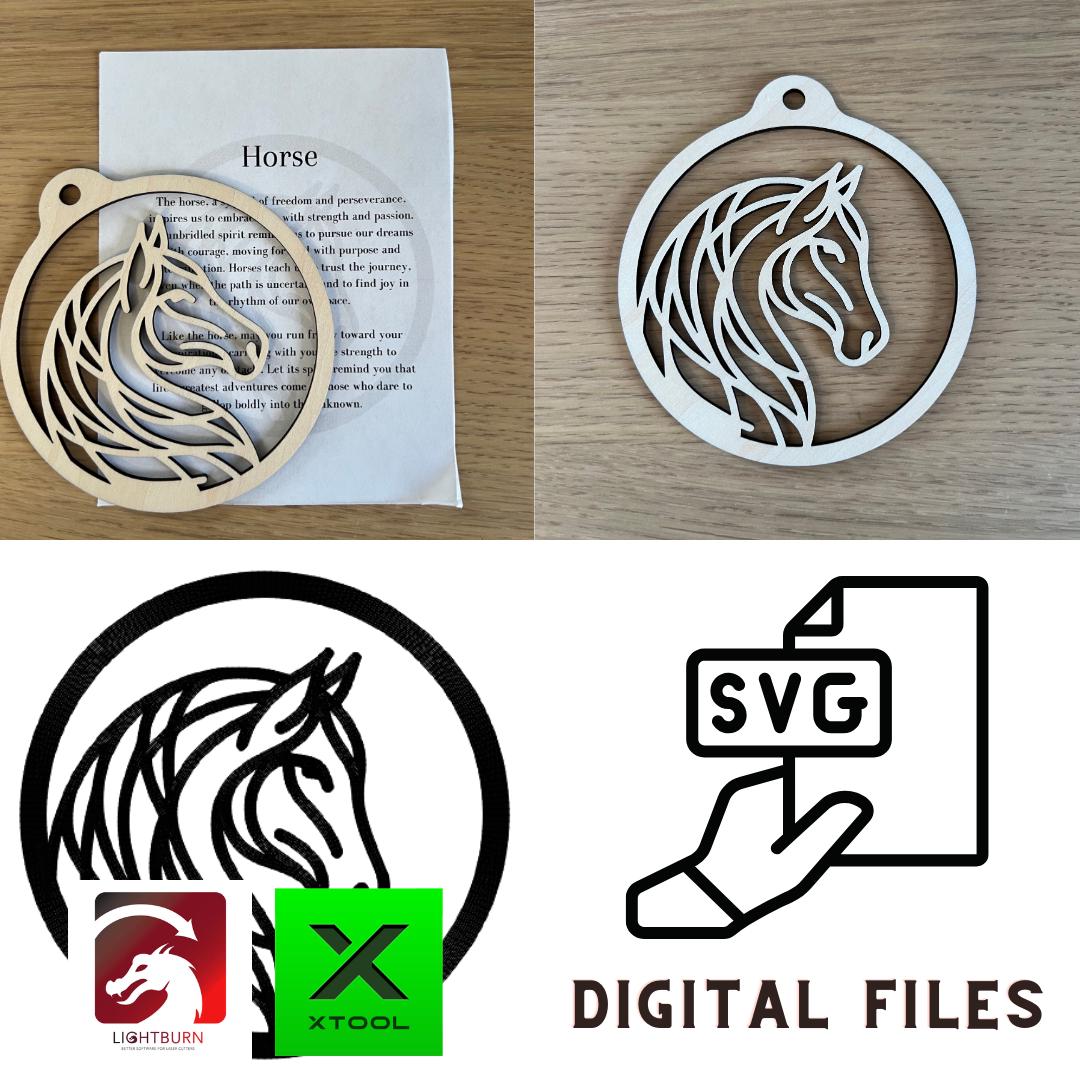 A Digital Horse head Silhouette Ornament from Wet Nose Woodworks rests on a minimalist & inspirational card. At the bottom, PDF, SVG, and Lightburn software icons highlight this DIY laser cut template gift for xTool.
