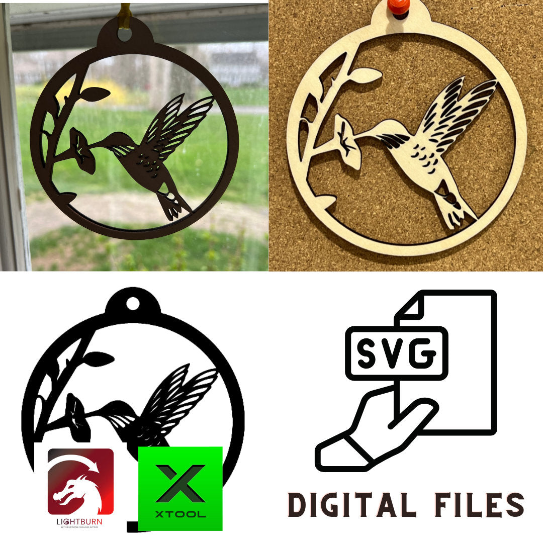 The Digital Hummingbird Ornament by Wet Nose Woodworks features a circular design of a hummingbird and flower, perfect as a DIY laser cut craft. Includes inspirational card files in PDF, SVG, and Lightburn formats—ideal for gifting and decor.