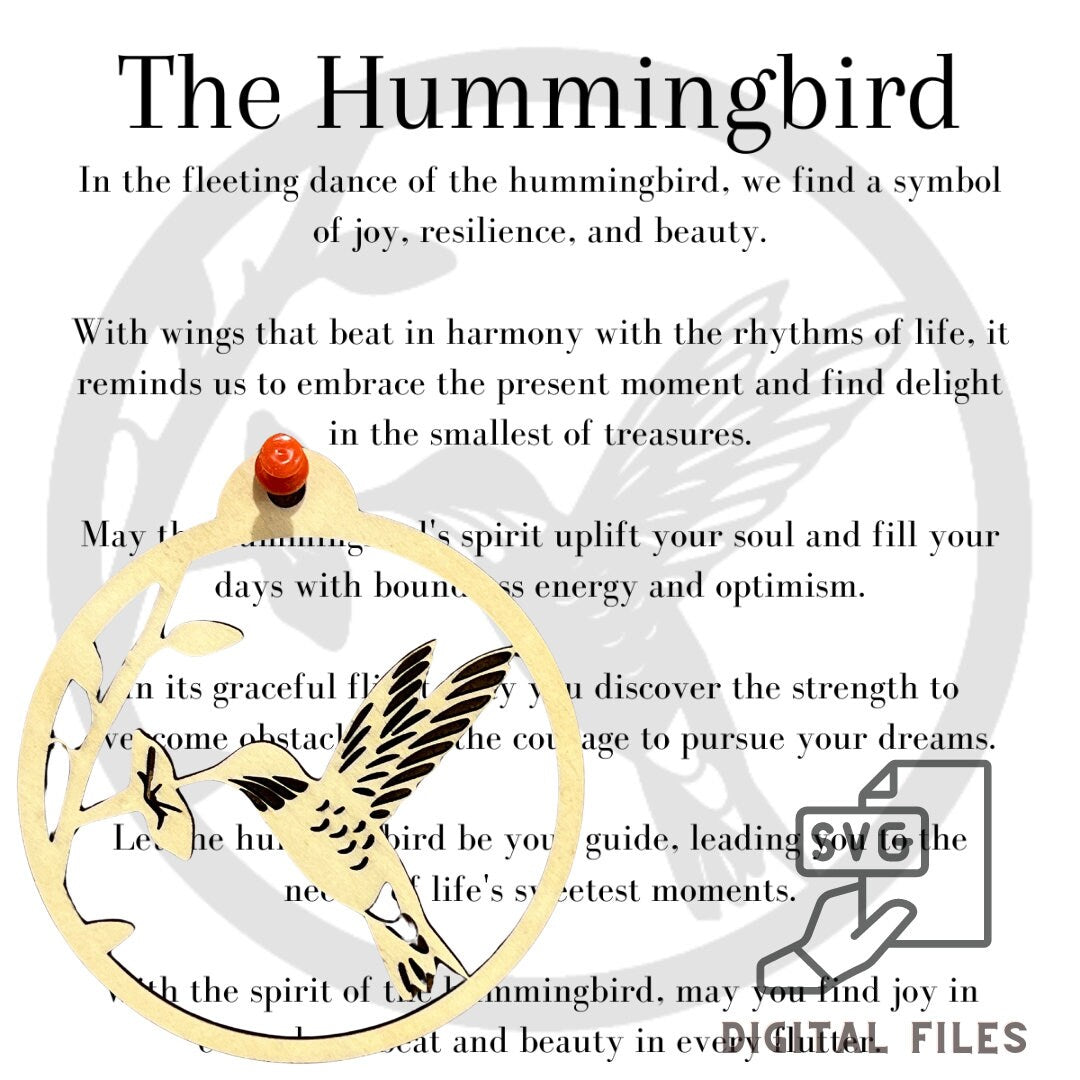 The Digital Hummingbird Ornament by Wet Nose Woodworks features a circular design of a hummingbird and flower, perfect as a DIY laser cut craft. Includes inspirational card files in PDF, SVG, and Lightburn formats—ideal for gifting and decor.