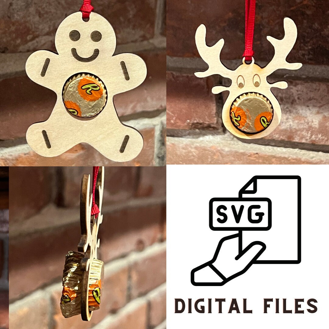 The Wet Nose Woodworks Digital Ornament Template features a gingerbread man design that holds a Reeses peanut butter cup, perfect for festive projects. Includes SVG and Lightburn files laser-ready for use with your ornament designs.