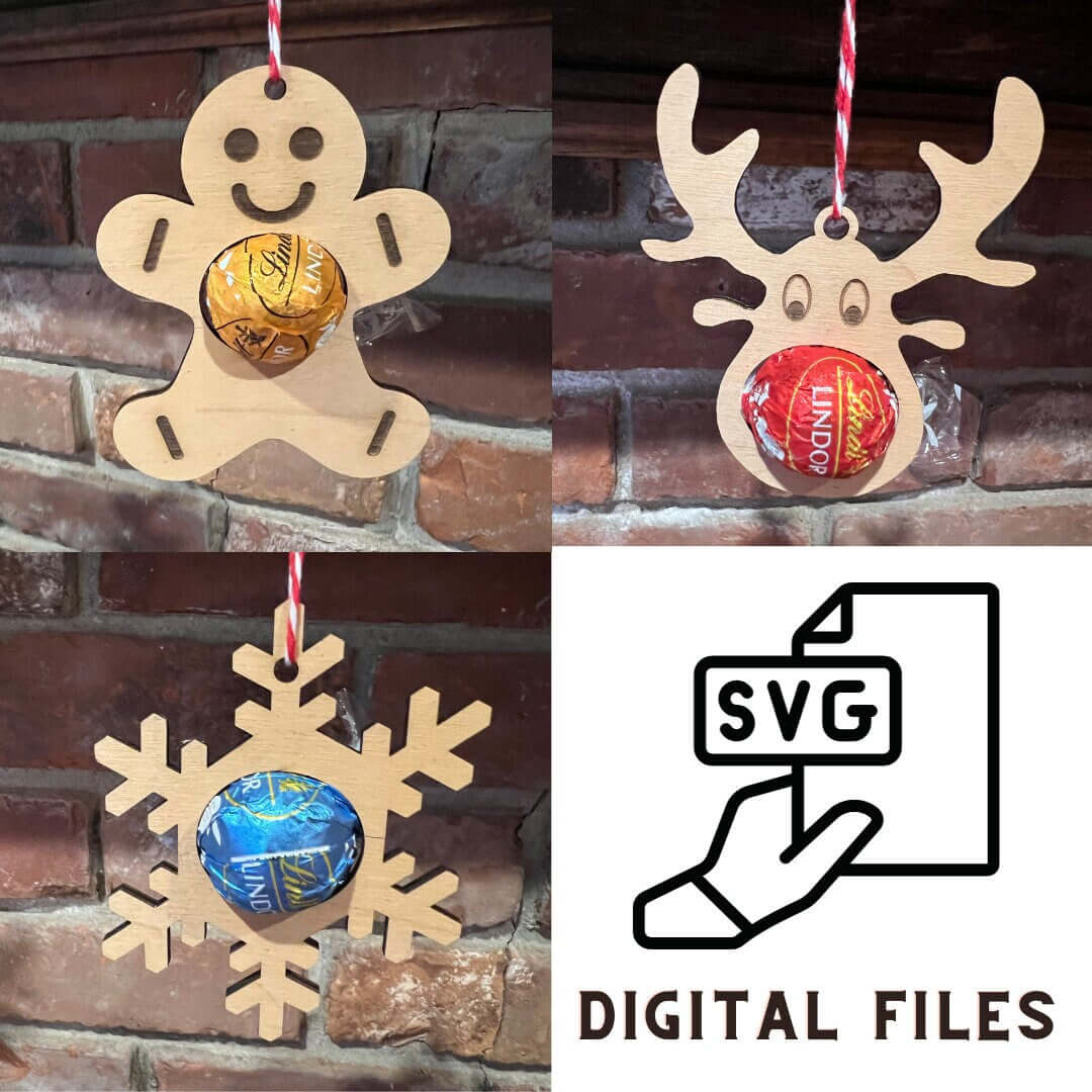 The Wet Nose Woodworks Digital Ornament Templates include a reindeer Lindt Lindor chocolate holder—perfect for festive designs. This laser-ready SVG/Lightburn file set features gingerbread man, snowflake, and reindeer ornaments.